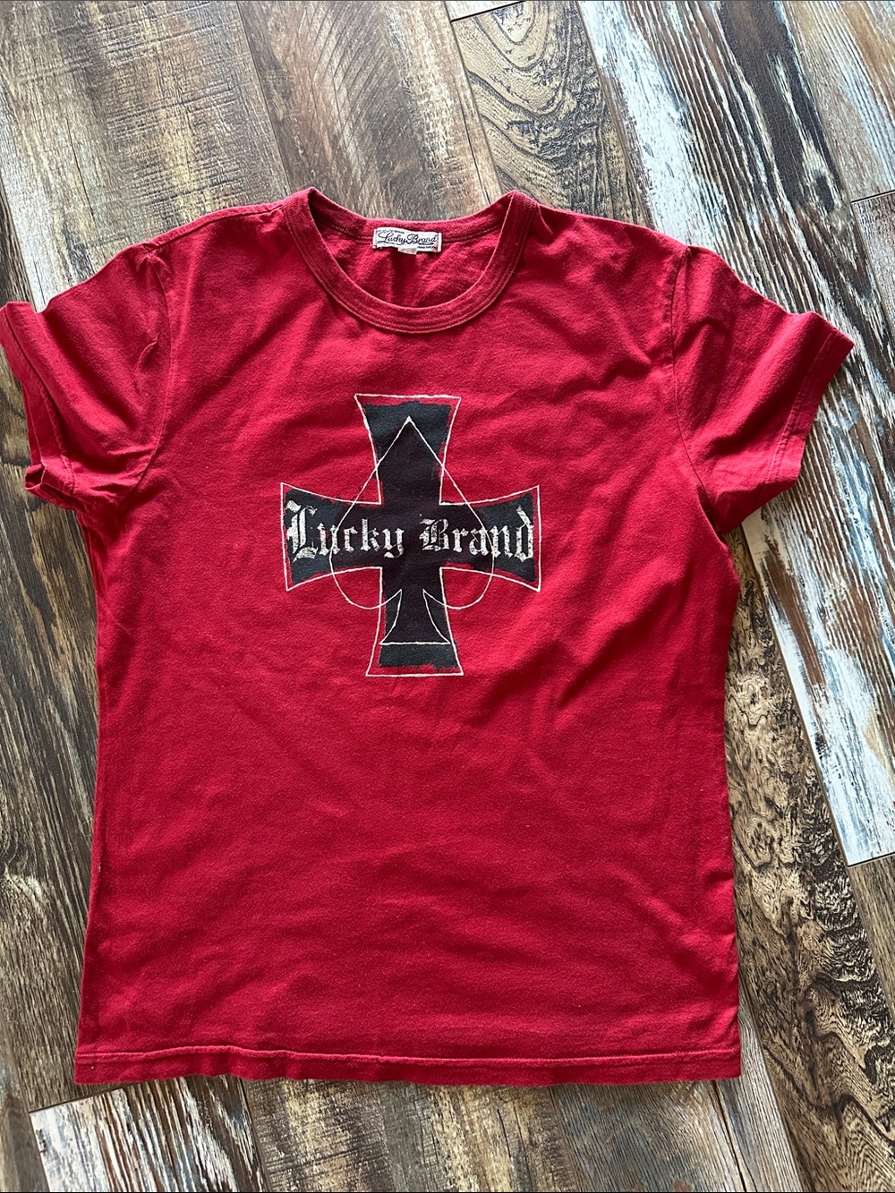 Lucky Brand Red Tee with Black Cross Graphic